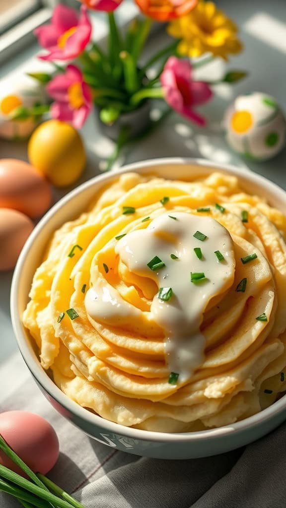 Creamy mashed potatoes topped with garlic-infused sauce and fresh chives