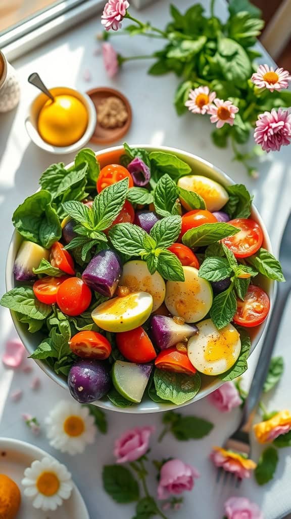 A vibrant salad with spinach, cherry tomatoes, colorful potatoes, and herbs.