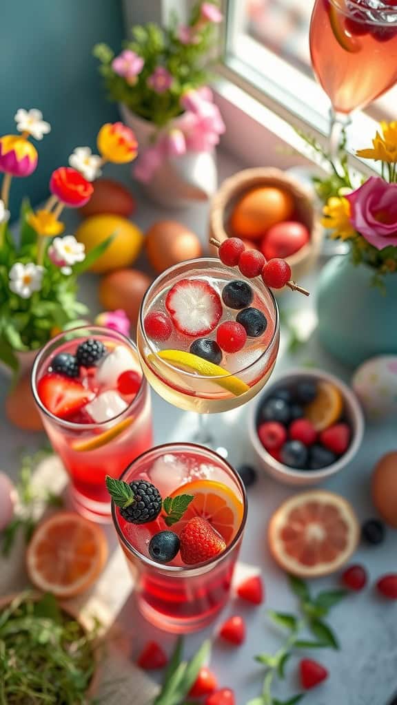 Colorful cocktails with muddled berries and citrus slices, garnished with mint leaves.