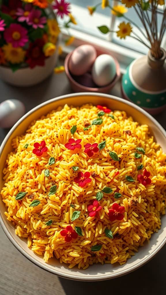 A vibrant bowl of saffron-infused rice garnished with fresh herbs and flowers, perfect for an Easter party.