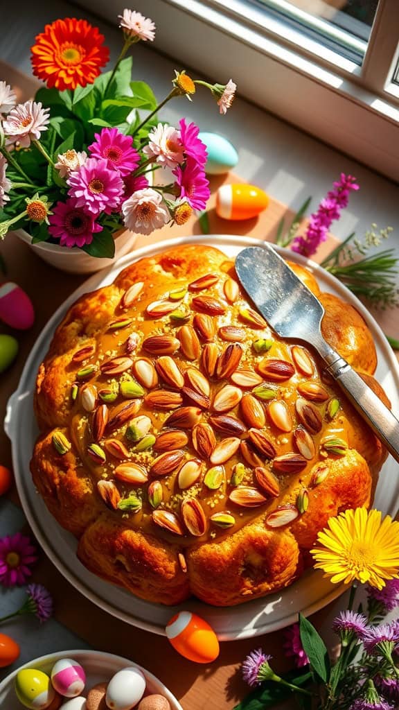 A beautifully decorated Easter bread topped with toasted almonds and pistachio glaze, perfect for celebrating the holiday.