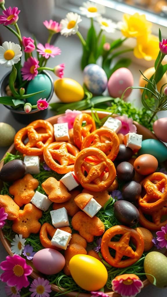 A colorful platter featuring feta-stuffed olives and pretzel bites, surrounded by festive Easter decorations.