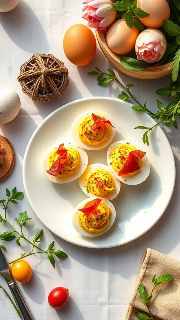 Upgraded deviled eggs with smoked paprika and crispy prosciutto on a plate, garnished with herbs.