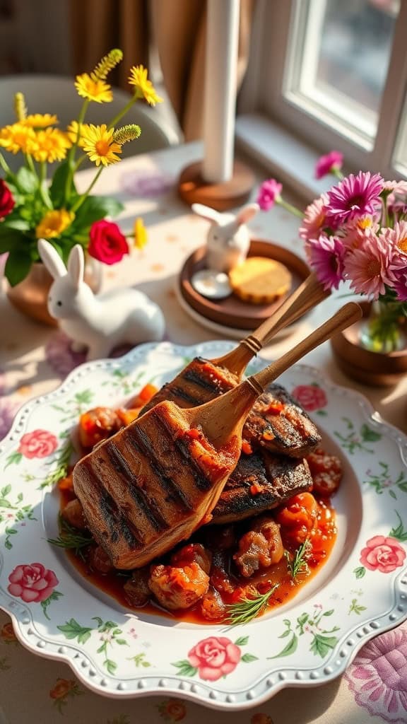 Deliciously grilled lamb with a smoky chipotle honey marinade served on a decorative plate.