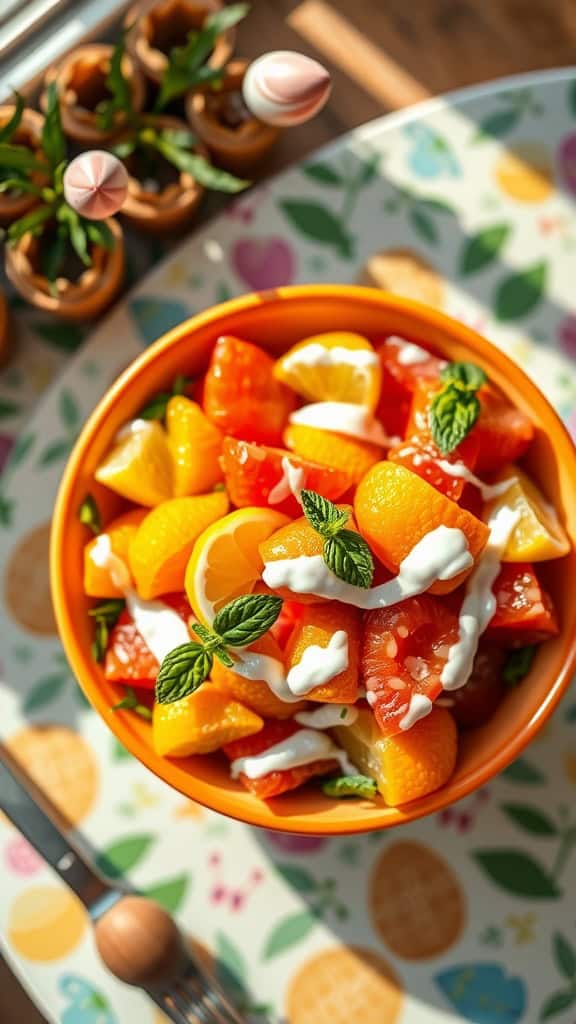 Colorful fruit salad with citrus zest and yogurt dressing, garnished with mint leaves.