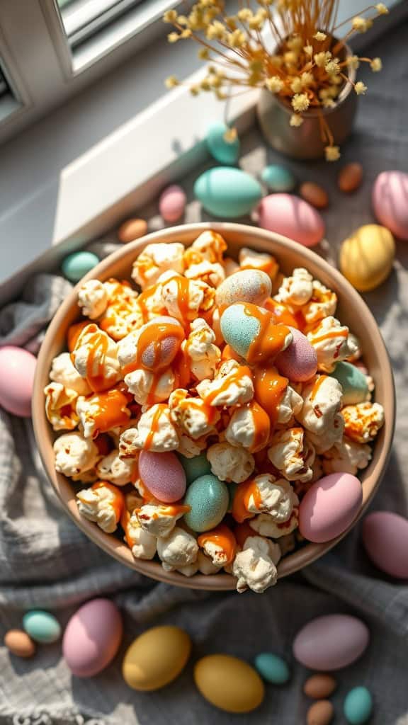 A bowl of caramel and sea salt popcorn with colorful Easter eggs around it.