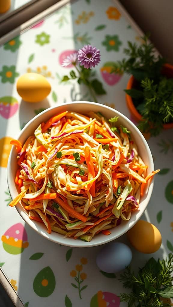 A vibrant bowl of coleslaw featuring colorful cabbage and carrots, perfect for a festive Easter gathering.