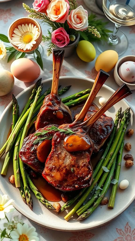 A plate featuring beautifully grilled lamb chops with miso butter served on a bed of asparagus topped with Parmesan cheese, perfect for an Easter celebration.