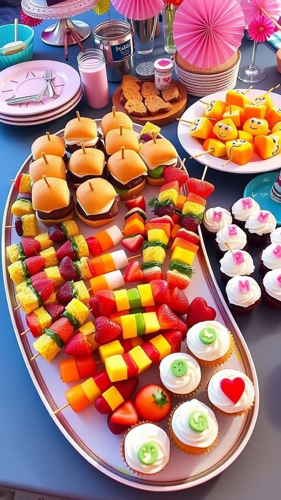 A vibrant platter of fruits, mini sandwiches, and colorful cupcakes perfect for a bachelorette party.