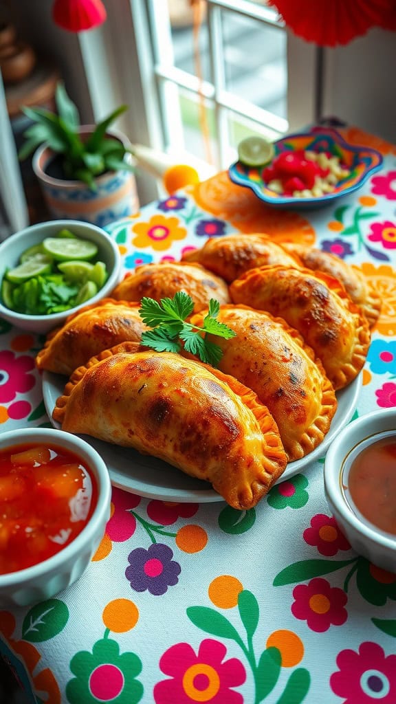 Plate of golden brown empanadas served with dipping sauces.