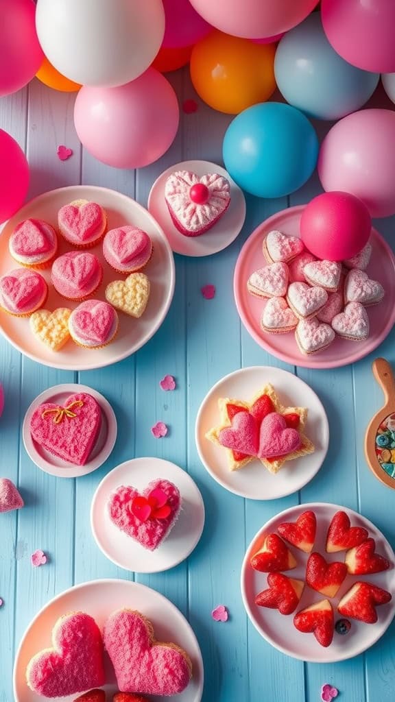 Colorful heart-shaped cupcakes decorated with pink frosting and sprinkles.