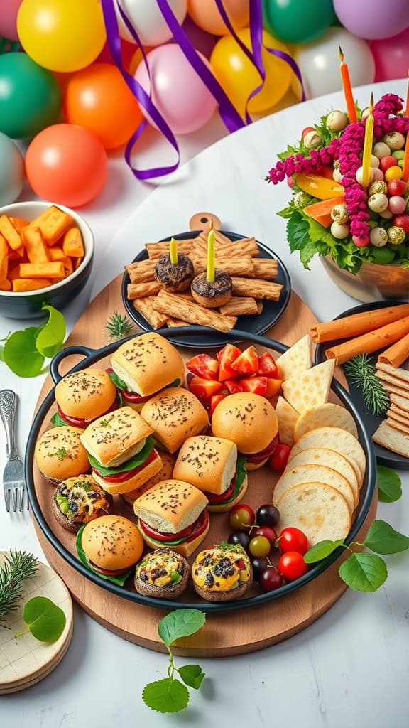 A vibrant platter of mini sliders, fresh veggies, and assorted snacks for a birthday party.