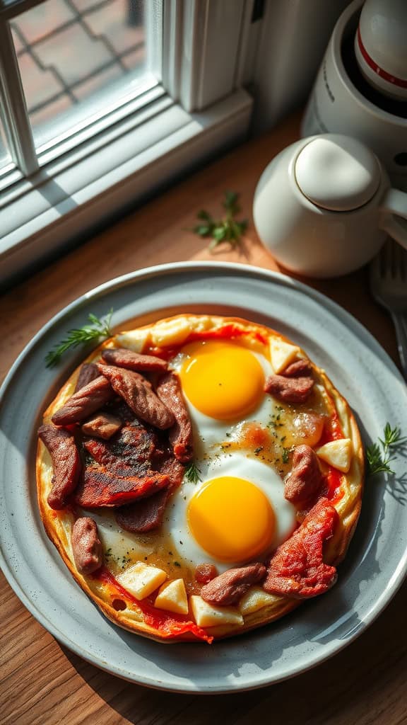 A hearty breakfast casserole with eggs and meats on a plate.