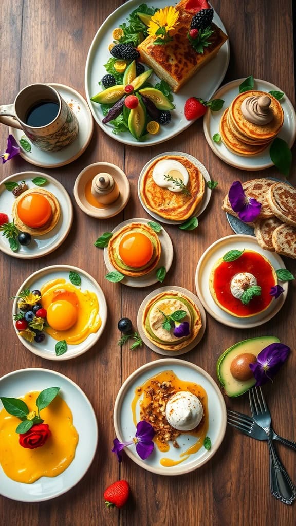 A colorful spread of pancakes, mini quiches, and fresh fruits on a wooden table.