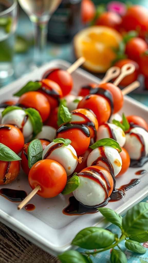 Plate of colorful Caprese skewers with cherry tomatoes, mozzarella, and basil drizzled with balsamic glaze.