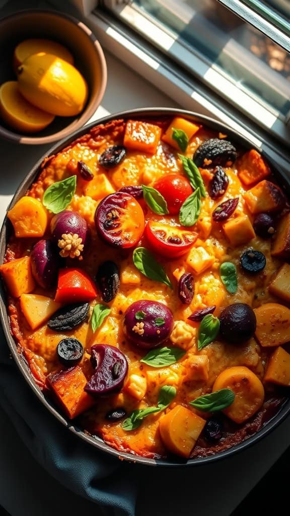 A colorful casserole dish with assorted vegetables and cheese, sitting by a window.