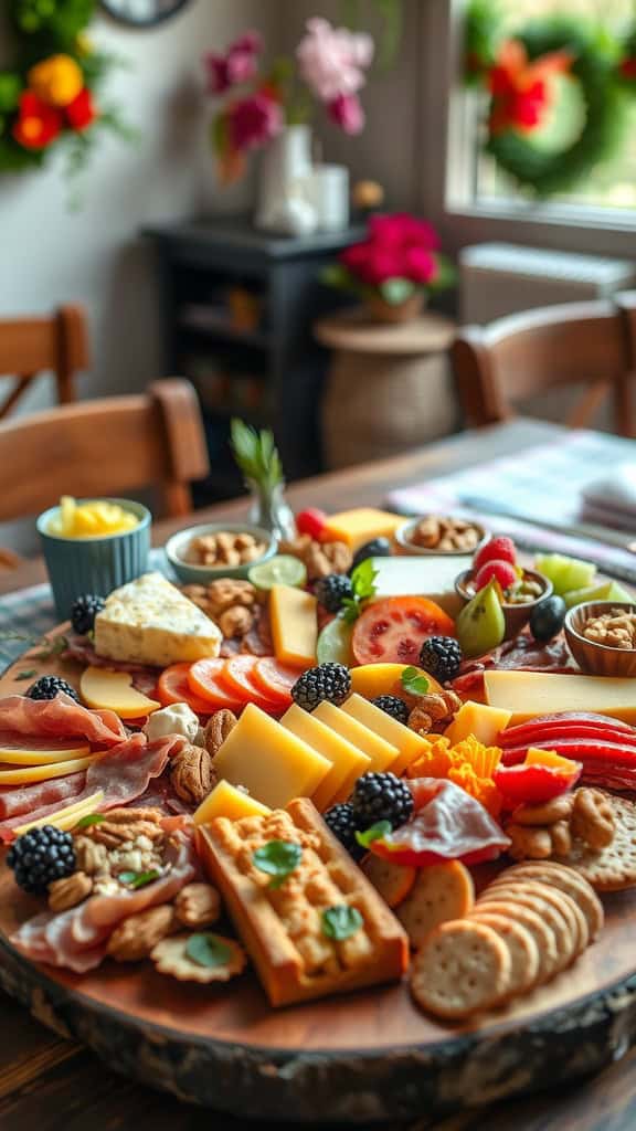 A vibrant charcuterie board featuring assorted meats, cheeses, fruits, nuts, and crackers.