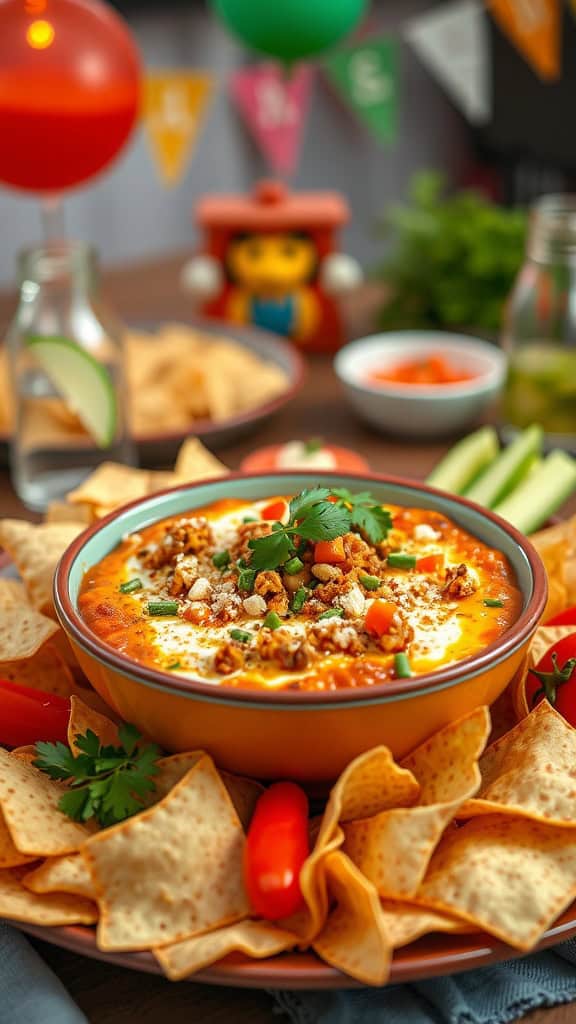 A colorful display of taco dip surrounded by tortilla chips.