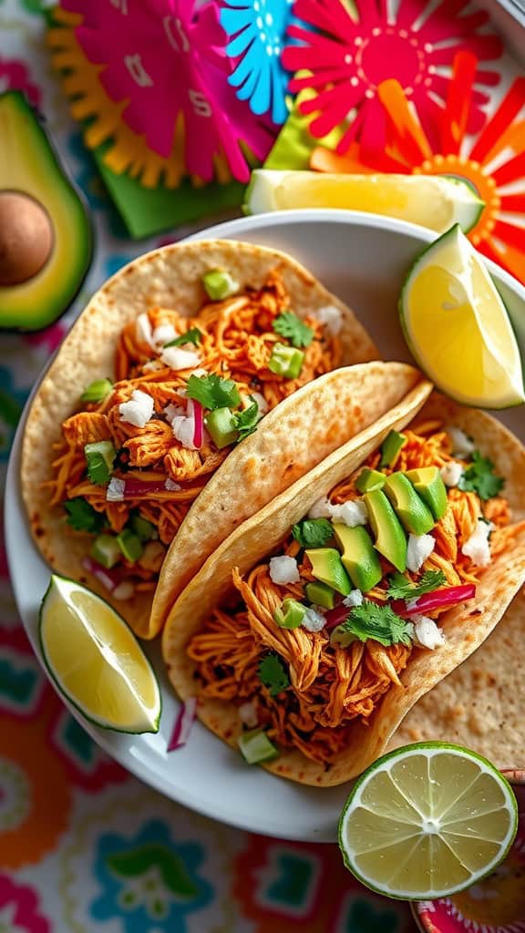 Delicious Chicken Tinga Tacos with fresh toppings and lime wedges