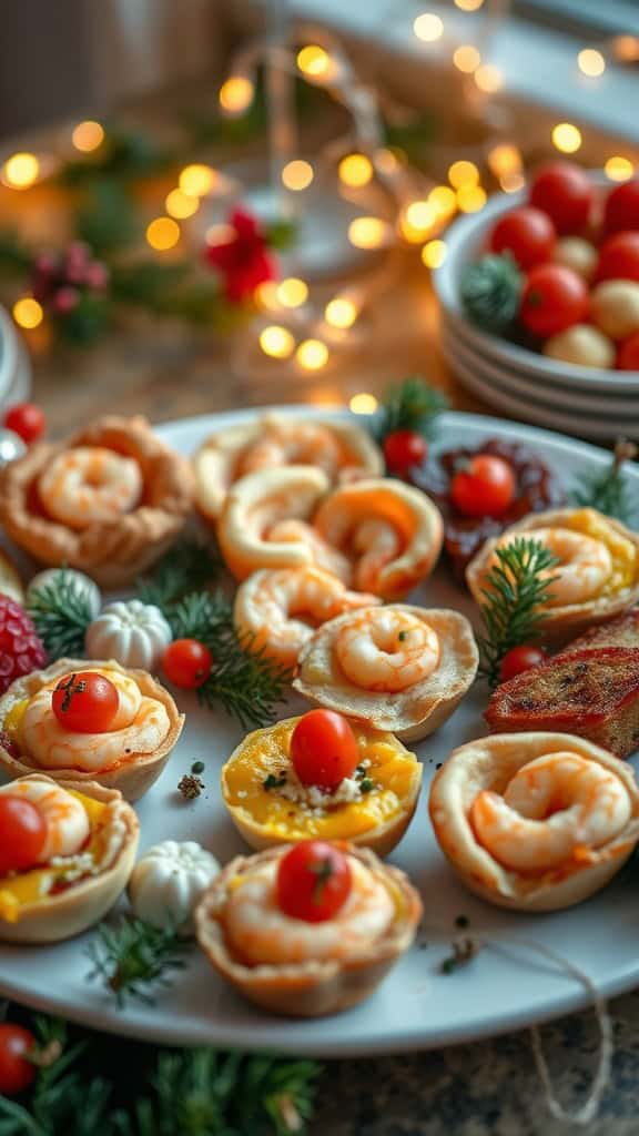 Shrimp tarts garnished with cherry tomatoes and greenery, perfect for a festive gathering.