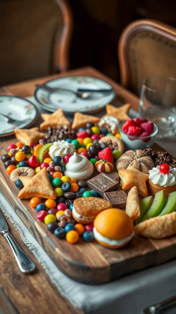 A colorful dessert board filled with assorted candies, fruits, and cookies.