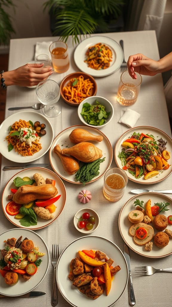 A beautifully arranged dinner party spread featuring roasted chicken and seasonal vegetables.