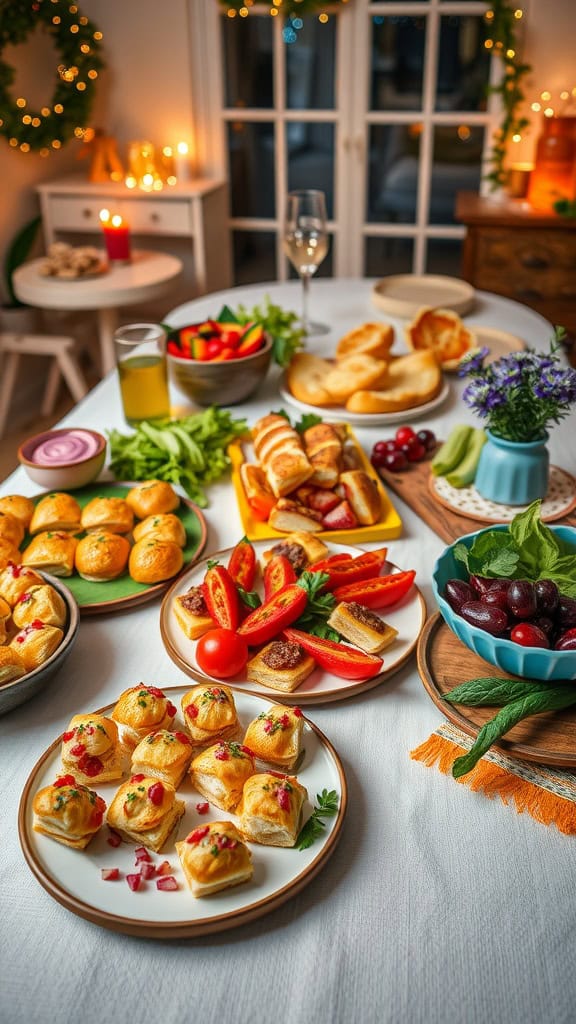 A table set with various finger foods for an engagement party.