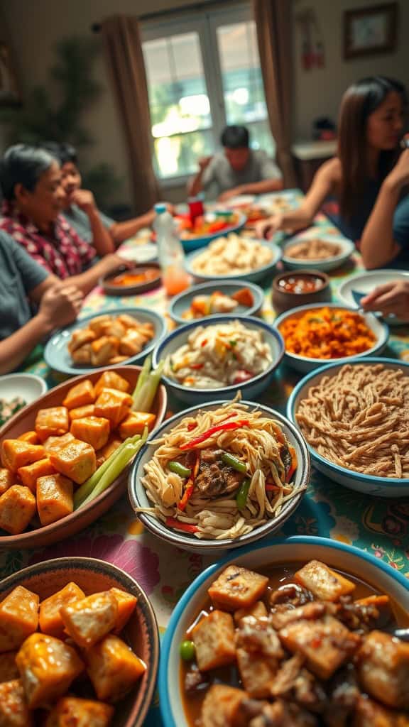 A spread of various Filipino party foods on a table, showcasing vibrant colors and a variety of dishes.