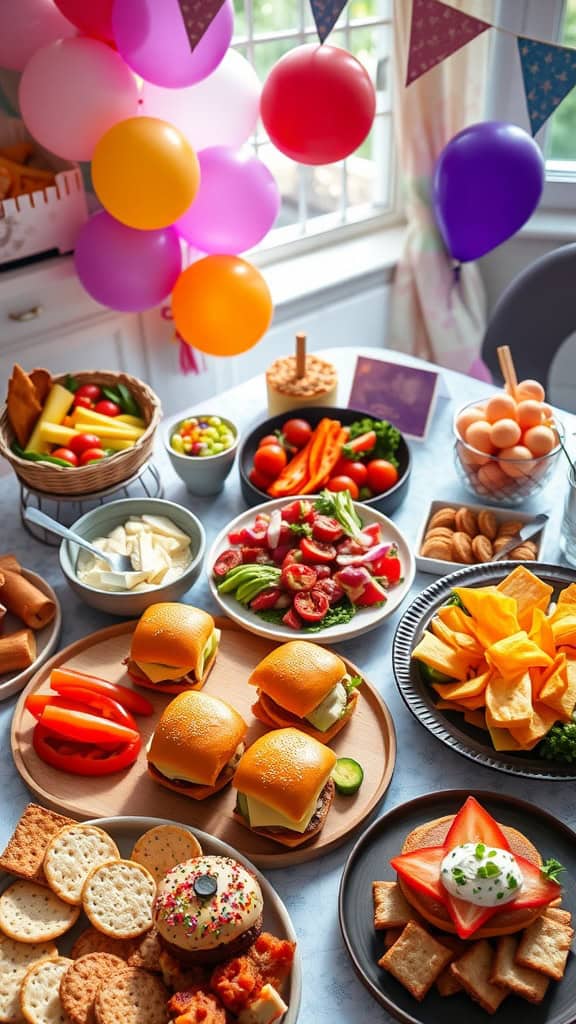 A vibrant display of birthday party finger foods including mini sliders, fresh vegetables, and sweet treats.