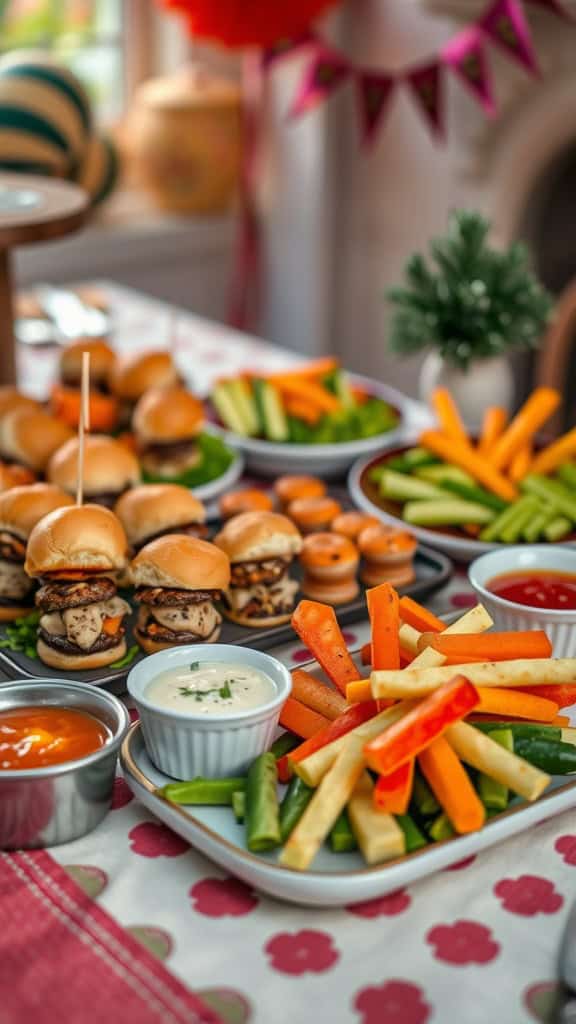 A spread of mini sliders and fresh vegetables with dips on a table