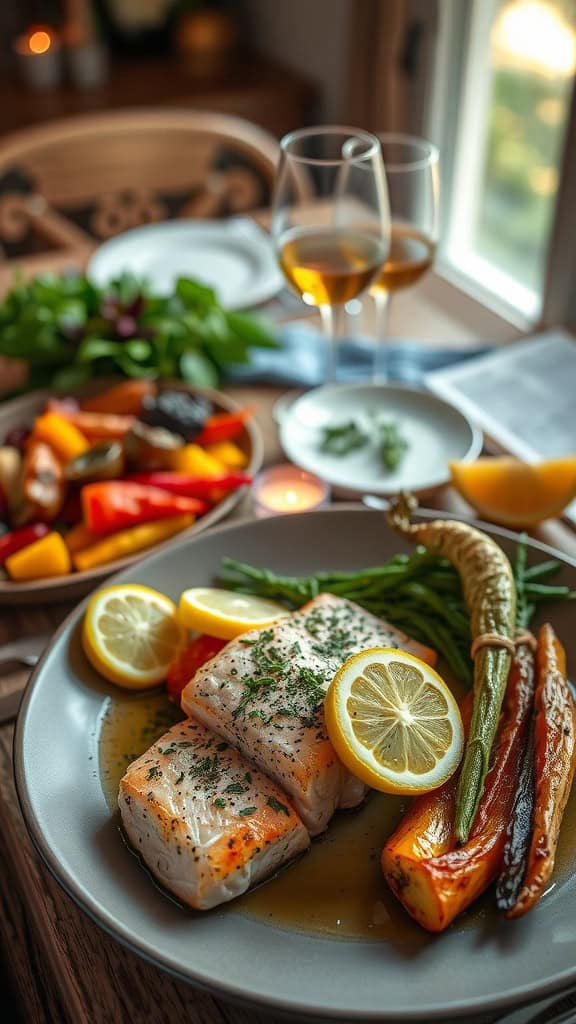 A delicious plate of lemon herb salmon with seasonal vegetables, garnished with lemon slices.