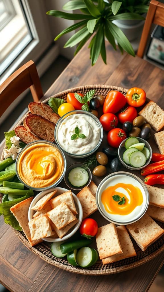 A mezze platter featuring hummus, tzatziki, fresh vegetables, olives, and pita bread.