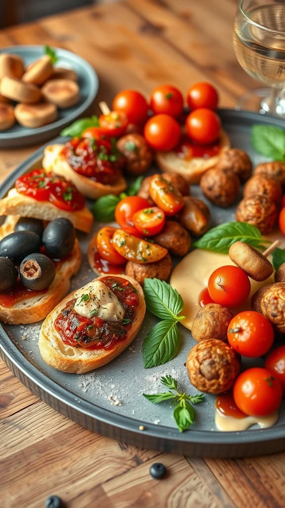 Various Italian appetizers on a platter including bruschetta, olives, and cherry tomatoes.