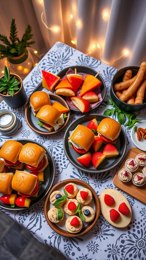 A vibrant display of late-night snacks including sliders, fruits, and sweets perfect for a bachelorette party.