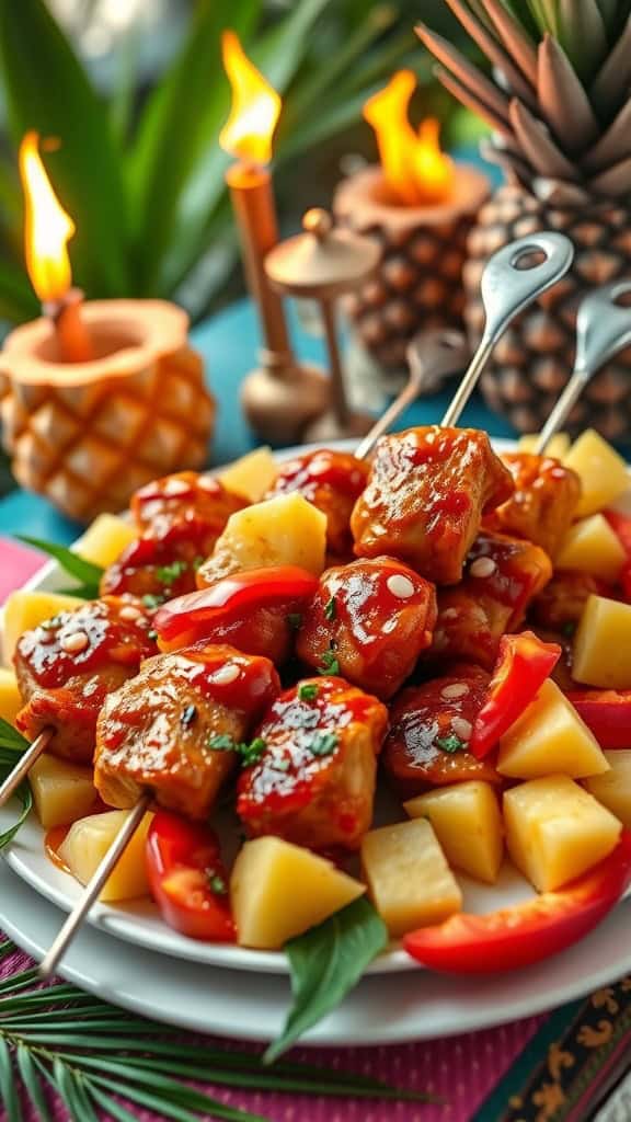 Delicious Hawaiian chicken skewers with pineapple and bell peppers on a platter