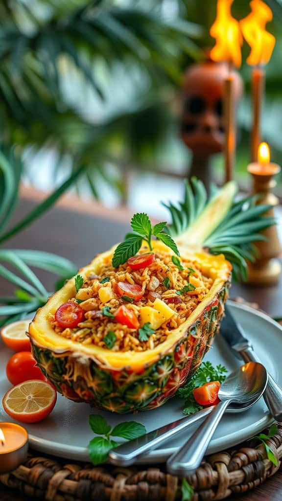 Pineapple fried rice served in a pineapple boat with colorful vegetables and garnished with cilantro.