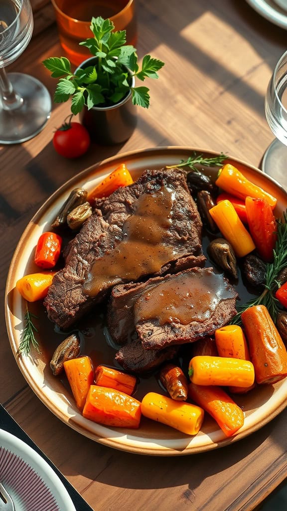 A plate of sliced beef brisket with vegetables and sauce