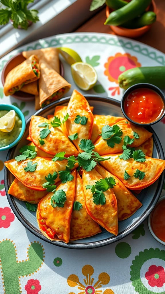 A plate of mini quesadillas garnished with cilantro, served with salsa and guacamole.