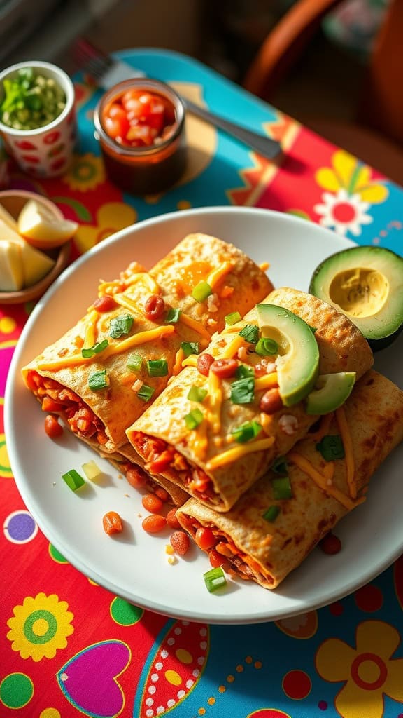 Cheesy bean burritos served with avocado slices and toppings