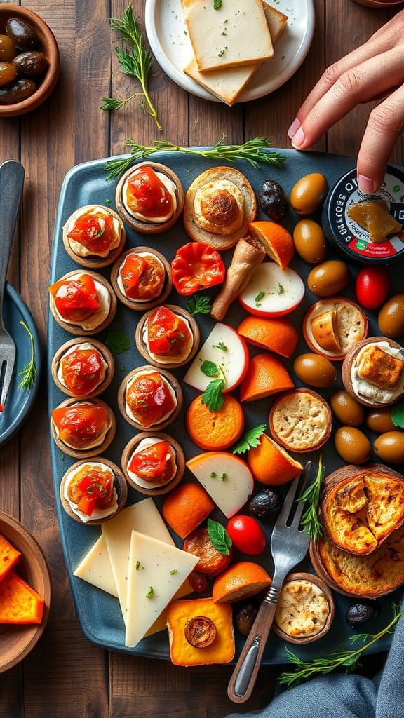 A platter of various appetizers including mini tarts, cheeses, and olives.