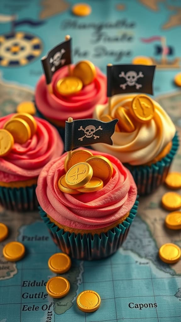 Colorful pirate-themed cupcakes decorated with chocolate coins and flags.