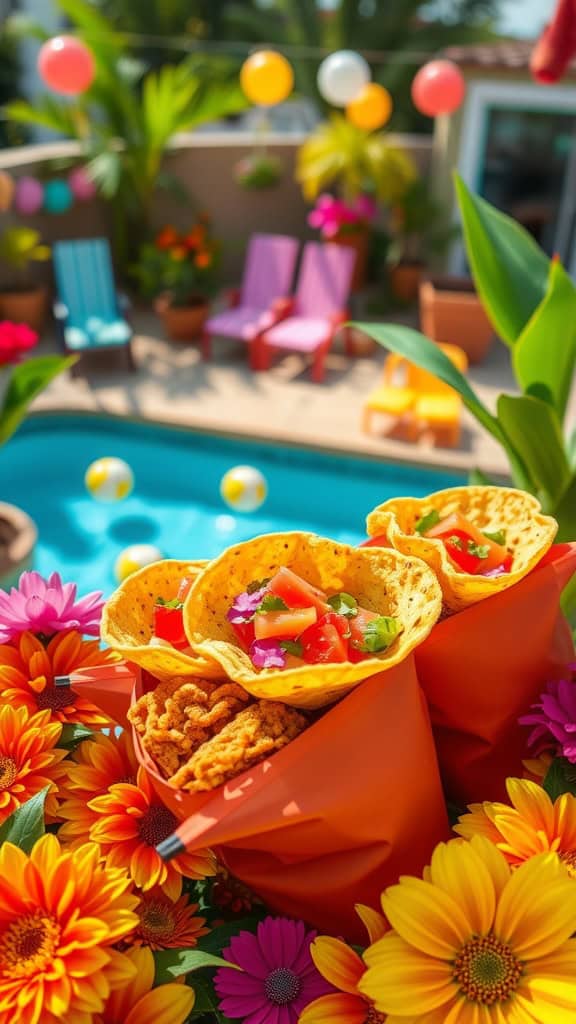 Colorful walking tacos in chip bags with fresh toppings for a pool party.