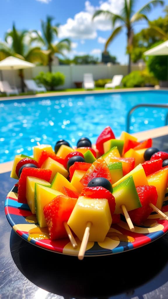 Colorful fruit kabobs with strawberries, mangoes, blueberries, and blackberries, drizzled with honey.