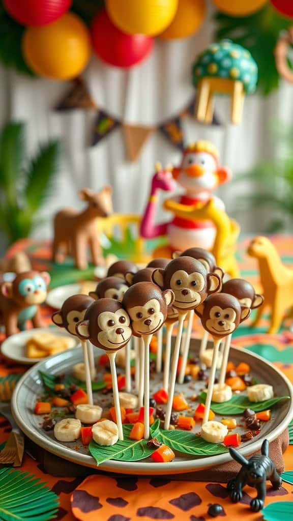 Monkey Banana Pops snack served on a platter, decorated with colorful fruits.