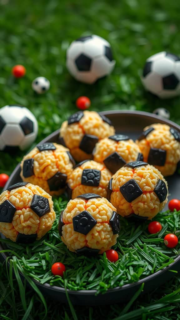 A plate of soccer-themed Rice Krispie treats shaped like soccer balls.