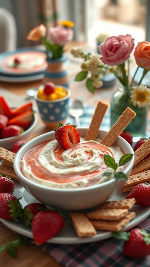 A bowl of creamy strawberry cheesecake dip surrounded by strawberries and graham crackers.