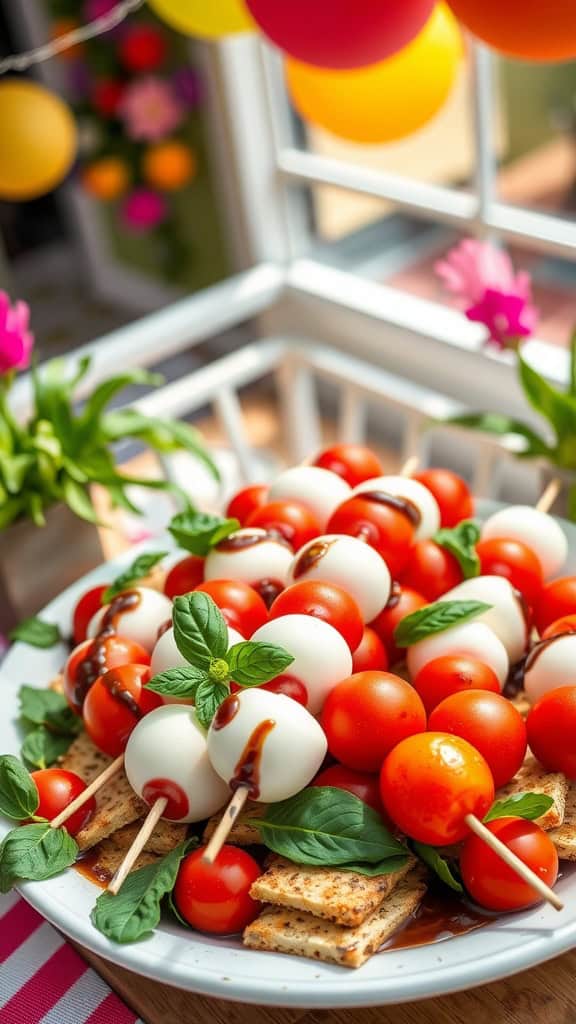 A platter of Caprese skewers with cherry tomatoes, mozzarella, and basil drizzled with balsamic glaze.