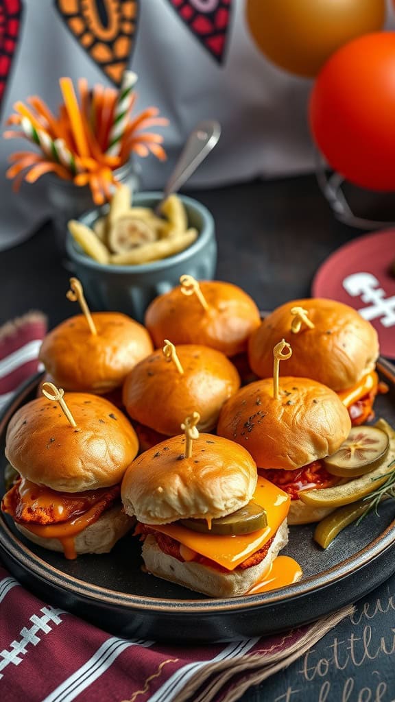 Buffalo chicken sliders on a plate, ready for serving.