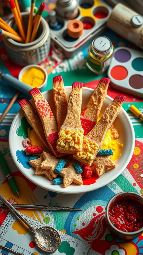 A plate of Rice Krispie treats shaped like paintbrushes, decorated with colorful icing.