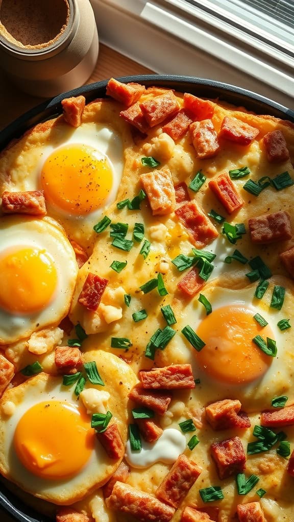 A close-up image of a baked egg casserole topped with crispy pieces and green onions.